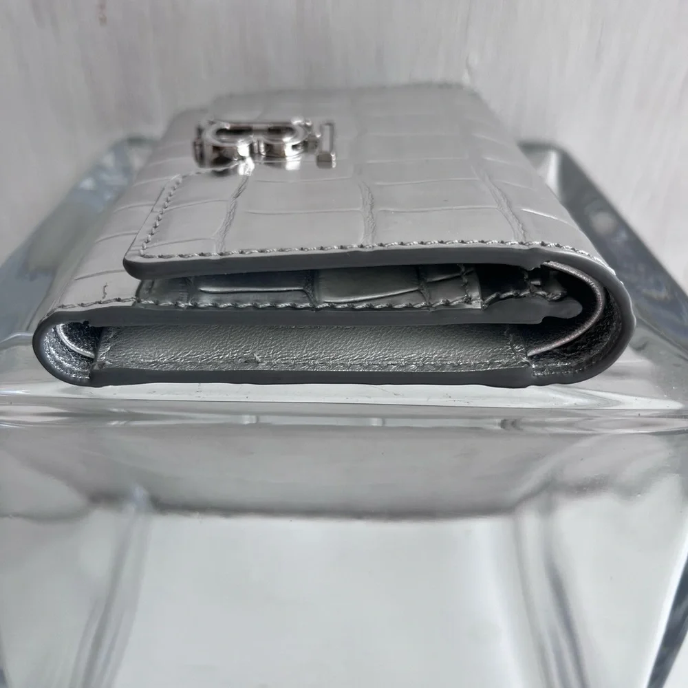 BURBERRY TB Monogram Croc Embossed Metalic Leather Wallet